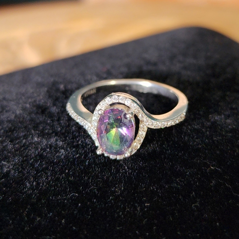 Size 7 Vivah Purple & Green Quartz On 925 Sterling Silver Halo Ring